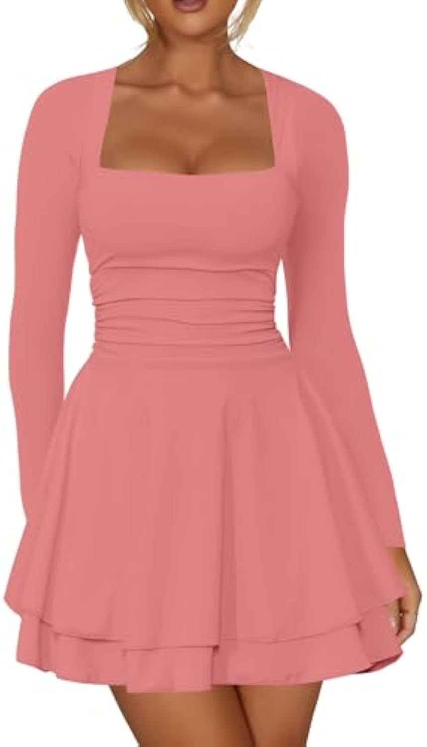 Ladies figure-hugging jersey mini dress with square neckline, tailored fit and tiered skirt Drune