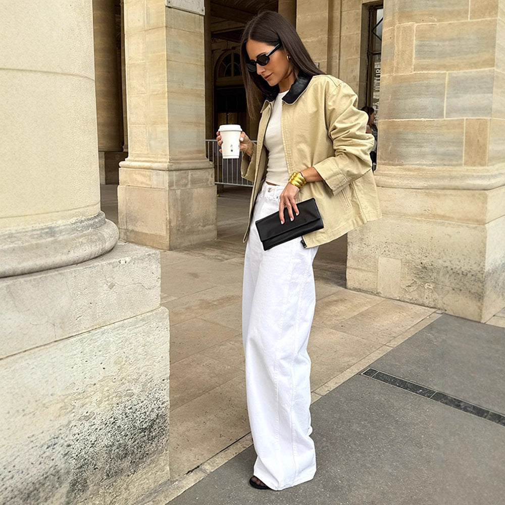 Women's Boxy Transitional Jacket with Contrasting Collar and Concealed Zipper Mune Fashion