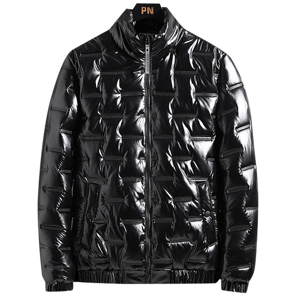 Men's Shiny Quilted Jacket with Geometric Quilting and Stand-up Collar Mune Fashion