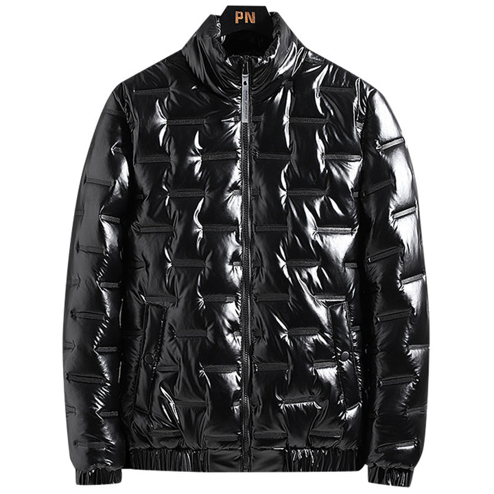Men's Shiny Quilted Jacket with Geometric Quilting and Stand-up Collar Mune Fashion