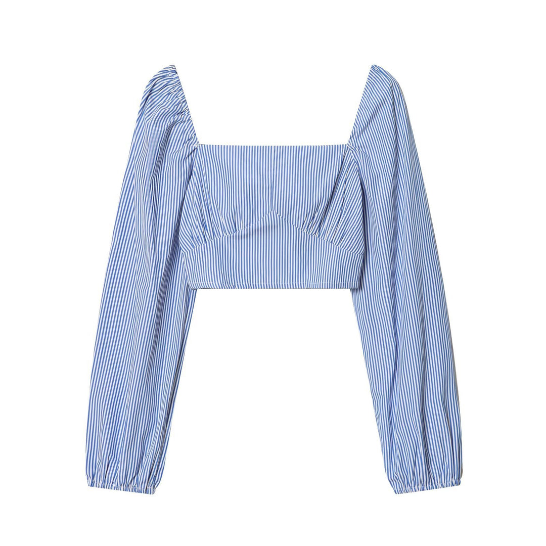 Women Striped Cropped Blouse with Square Neckline and Wide Balloon Sleeves Mune Fashion