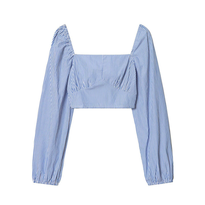 Women Striped Cropped Blouse with Square Neckline and Wide Balloon Sleeves Mune Fashion