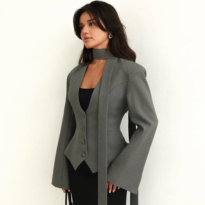 Women Tailored Blazer with Tie Scarf and Fitted Vest Mune Fashion