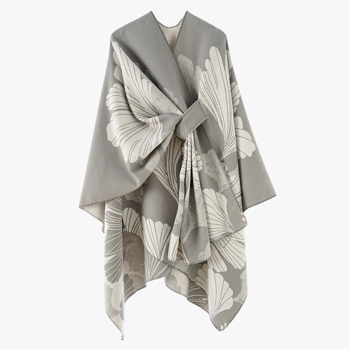 Women’s Jacquard Wrap Poncho with Floral Pattern and Waist Belt Mune Fashion