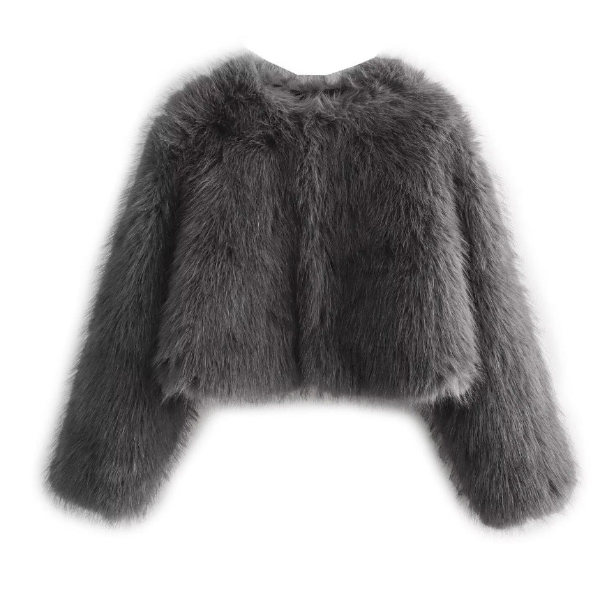 Women's Short Faux Fur Jacket with Voluminous Sleeves and Round Neckline Mune Fashion