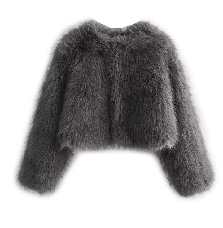 Women's Short Faux Fur Jacket with Voluminous Sleeves and Round Neckline Mune Fashion