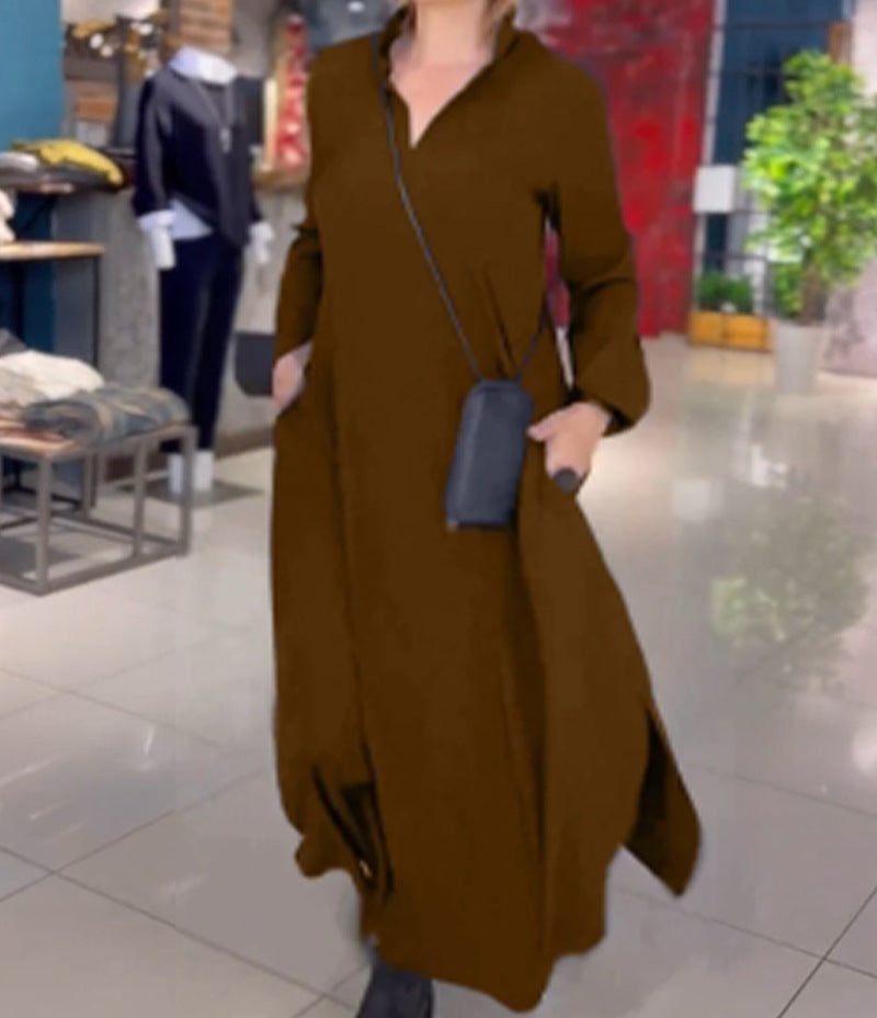 Women's Long Maxi Dress with Stand Collar, Side Pockets and Loose Fall Mune Fashion