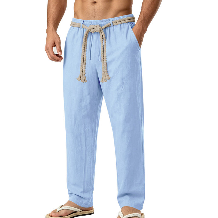 Men's Casual Linen Lounge Pants with Elastic Waistband, Decorative Rope Belt and Side Pockets Mune Fashion