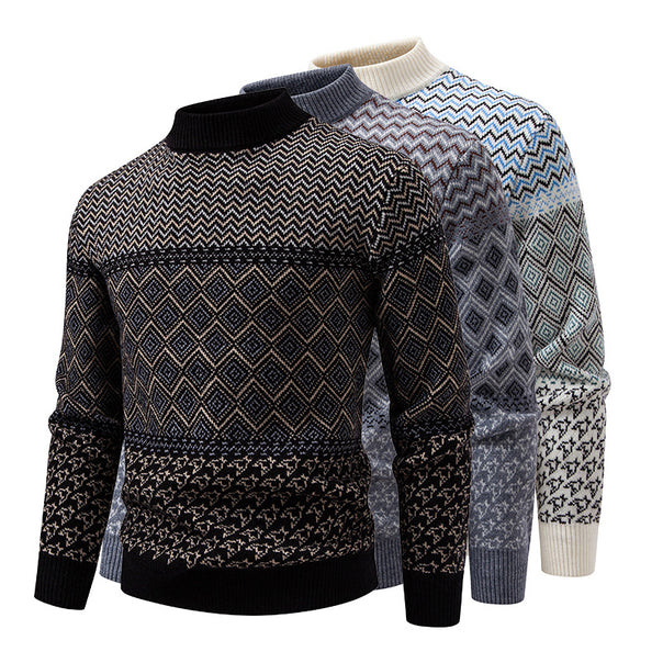 Men's fine knit mock neck sweater with geometric jacquard and ribbed finishes Mune Fashion