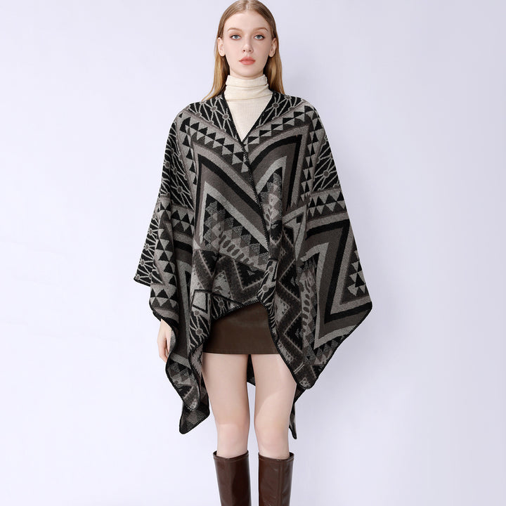 Women Structured Jacquard Poncho Overlay with Graphic Ethno Pattern and Open Kimono Fall Mune Fashion