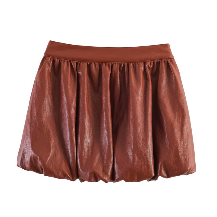 Women’s Short Balloon Skirt made of Faux Leather with High Waist and Patch Pockets Mune Fashion