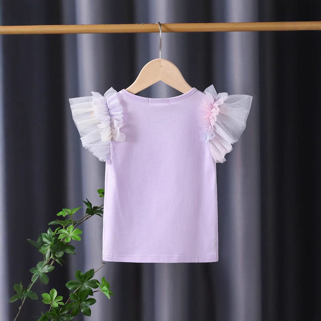 Girl's T-shirt with sparkling butterfly design and ruffle details Mune Fashion
