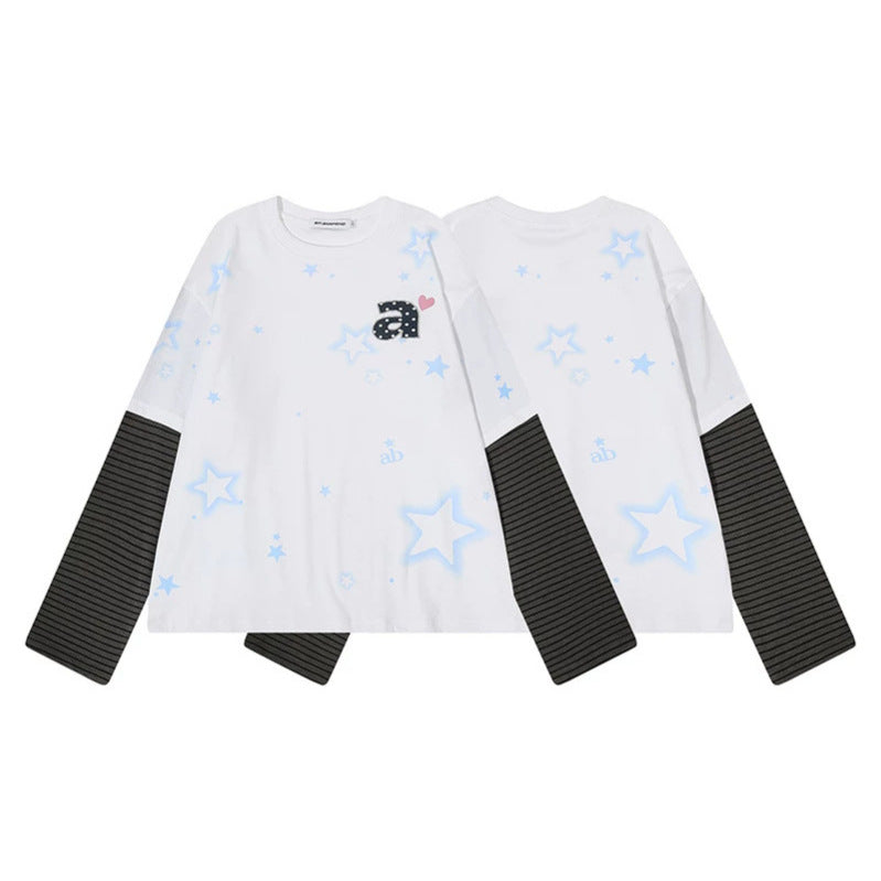 Women's layered long-sleeve shirt with striped insert sleeves, star print, and application Mune Fashion