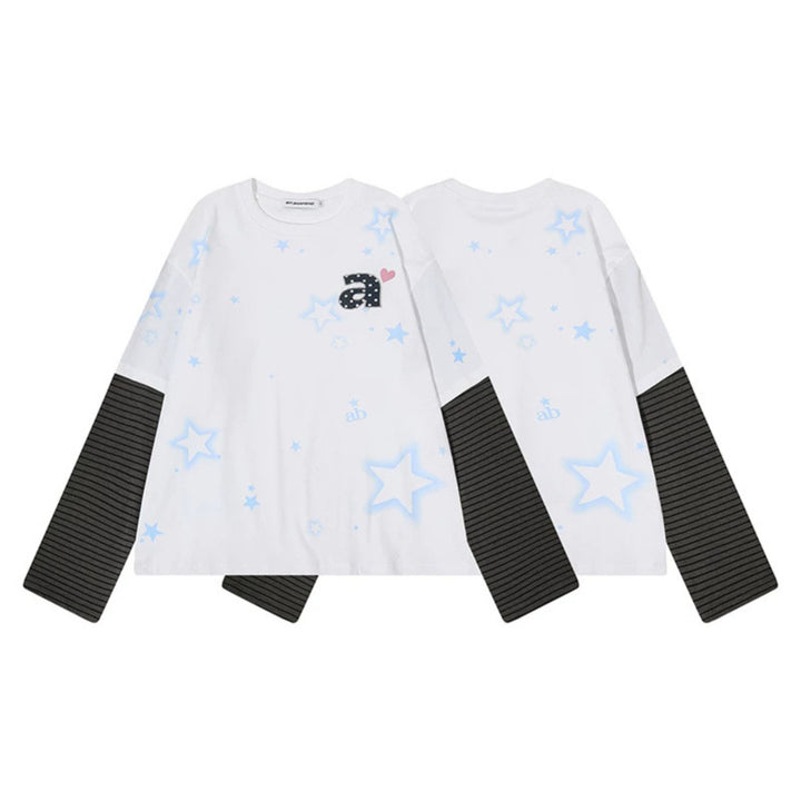 Women's layered long-sleeve shirt with striped insert sleeves, star print, and application Mune Fashion