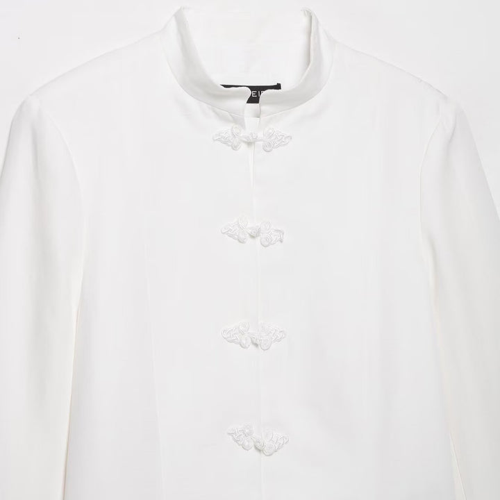 Women's Boxy Short Jacket with Stand-up Collar, Decorative Knot Closures and Welt Pockets Mune Fashion