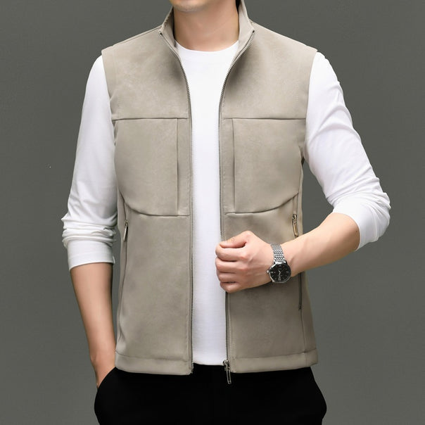 Men's Sleeveless Velvet-Look Vest with High Collar, Full Metal Zip & Zip Pockets Mune Fashion