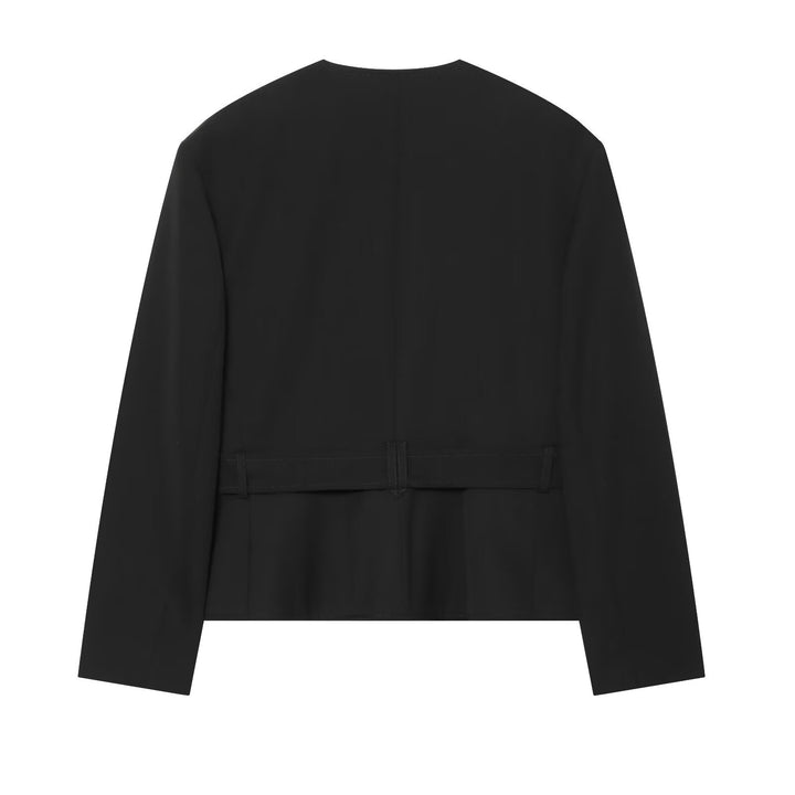 Women's short utility-style jacket with waist belt, patch pockets, and round neckline Drune
