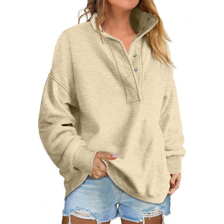 Women's Oversized Henley Sweatshirt with Stand-Up Collar and Snap Button Placket Mune Fashion