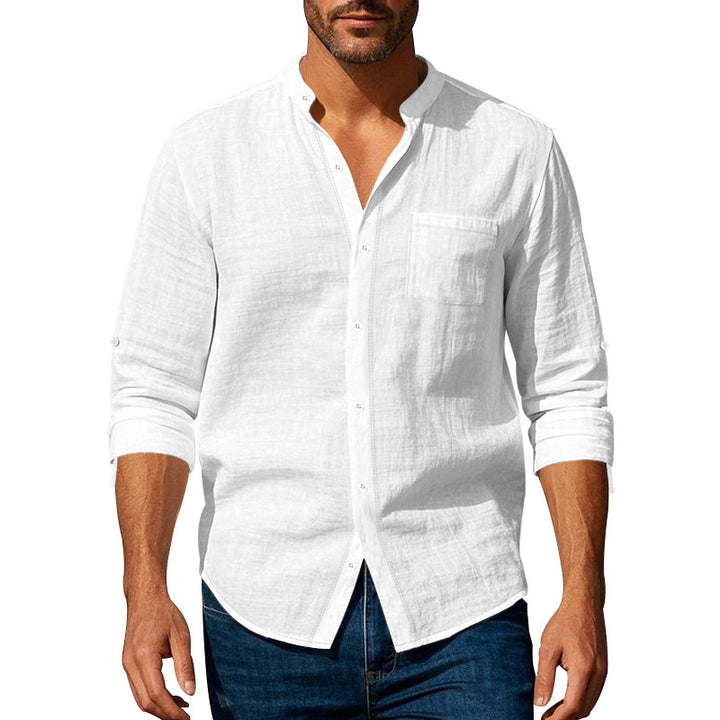 Men's linen-cotton shirt with stand-up collar, roll-up sleeves, and chest pocket Mune Fashion