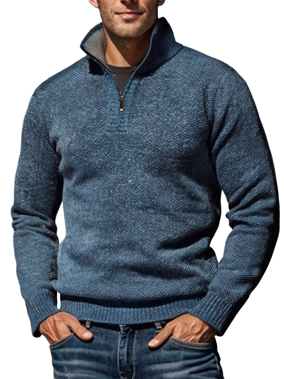 Men's structured half-zip troyer with distinctive knit pattern and stand-up collar Mune Fashion