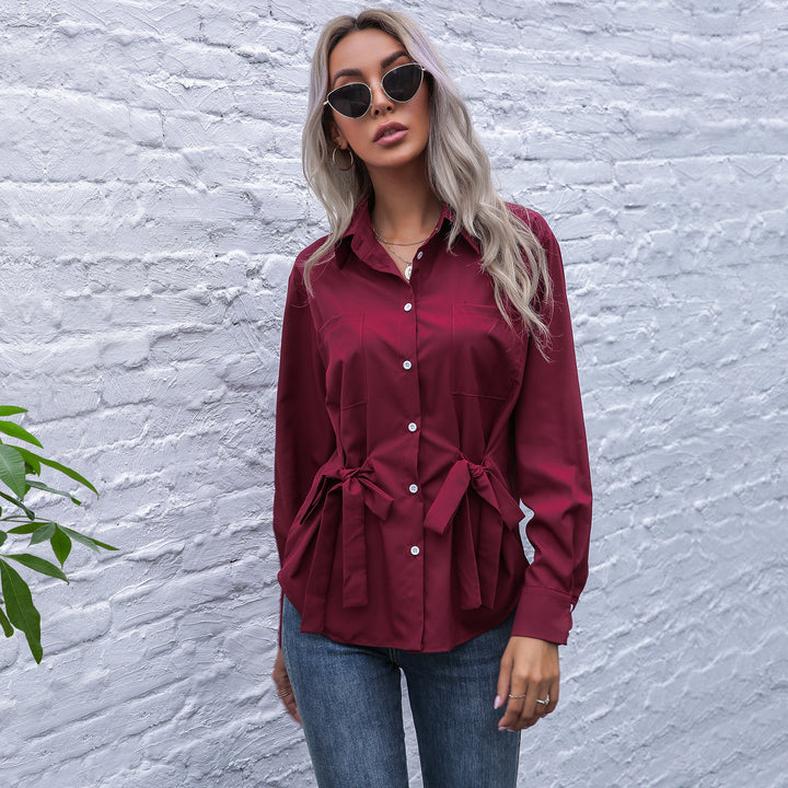 Women's Tailored Shirt Blouse with Tie Belt and Chest Pockets Mune Fashion