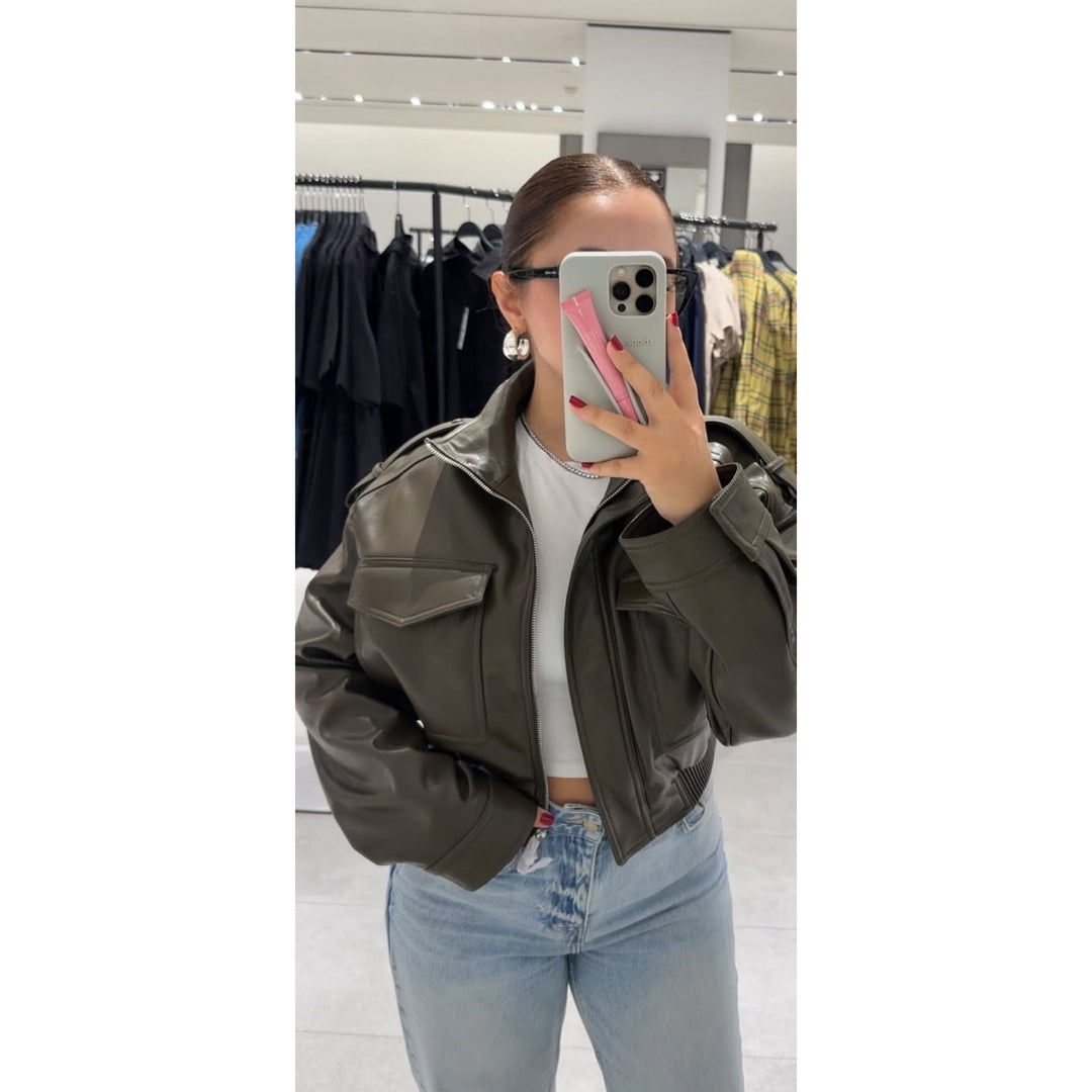 Women's 10+ short faux leather bomber jacket in military look with flap pockets and stand-up collar Mune Fashion