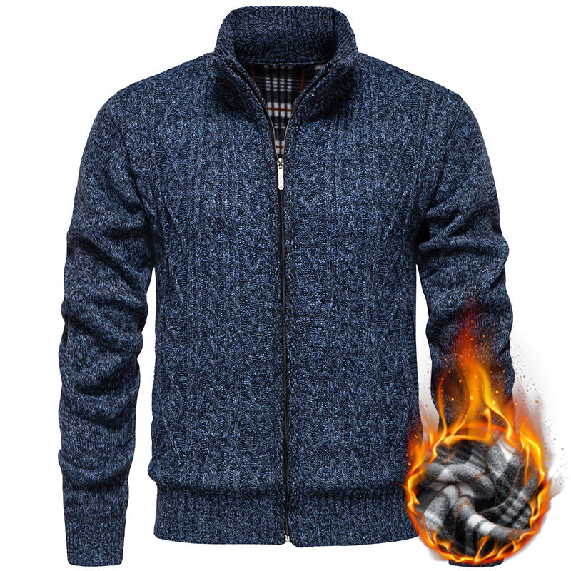 Men's chunky knit cardigan with cable pattern, stand-up collar and checked inner lining Mune Fashion