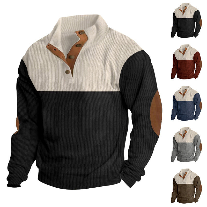 Men's ribbed Henley knit pullover with stand collar contrast yoke and elbow patches Mune Fashion