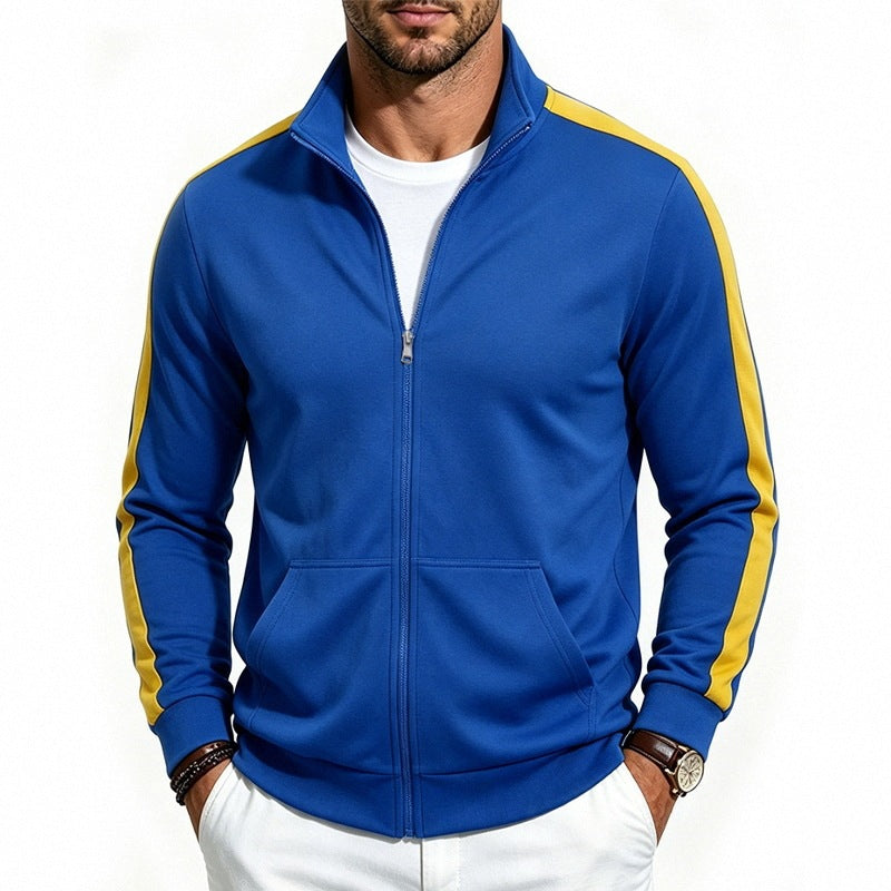 Men's Retro Track Jacket with Contrast Stripes and Stand-Up Collar Mune Fashion