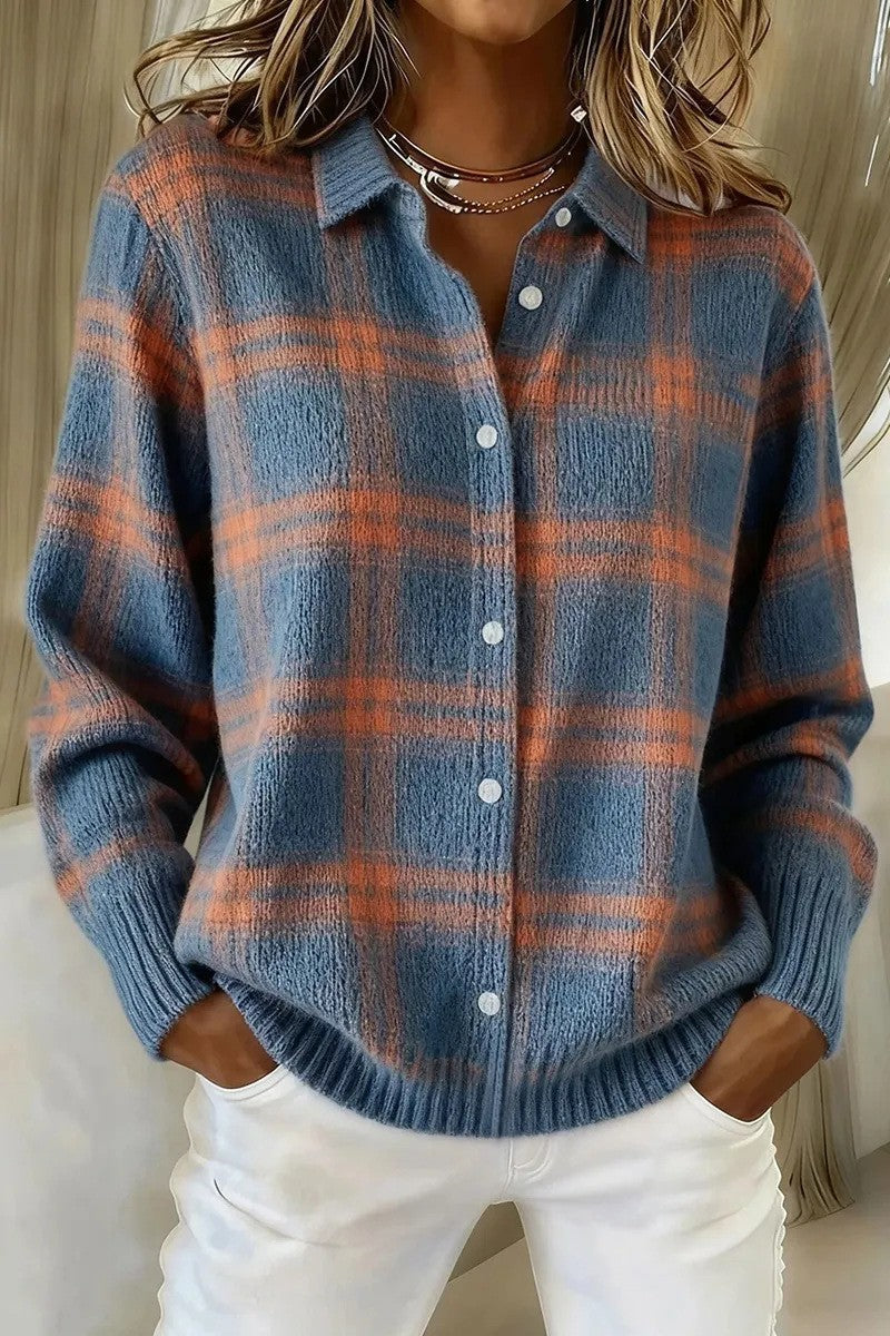 Women's Checked Knit Shirt Jacket Cardigan with Shirt Collar and Ribbed Cuffs Mune Fashion