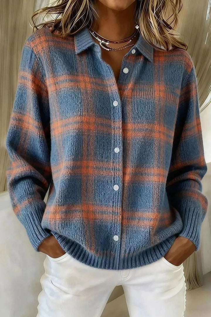 Women's Checked Knit Shirt Jacket Cardigan with Shirt Collar and Ribbed Cuffs Mune Fashion