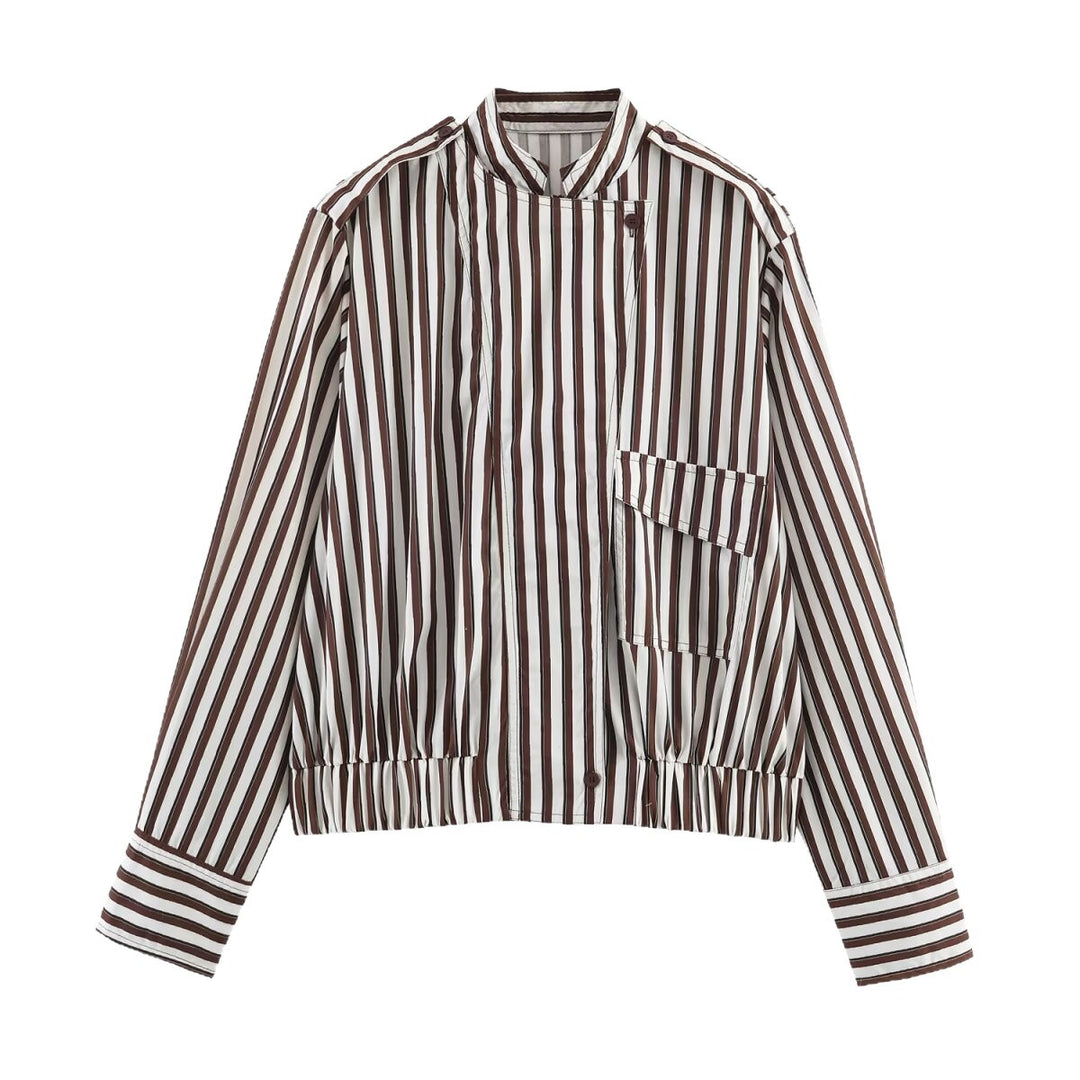 Women's Striped Cropped Blouse Jacket with Standing Collar, Asymmetrical Flap Pocket and Elastic Hem Mune Fashion