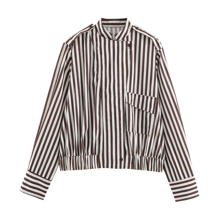 Women's Striped Cropped Blouse Jacket with Standing Collar, Asymmetrical Flap Pocket and Elastic Hem Mune Fashion