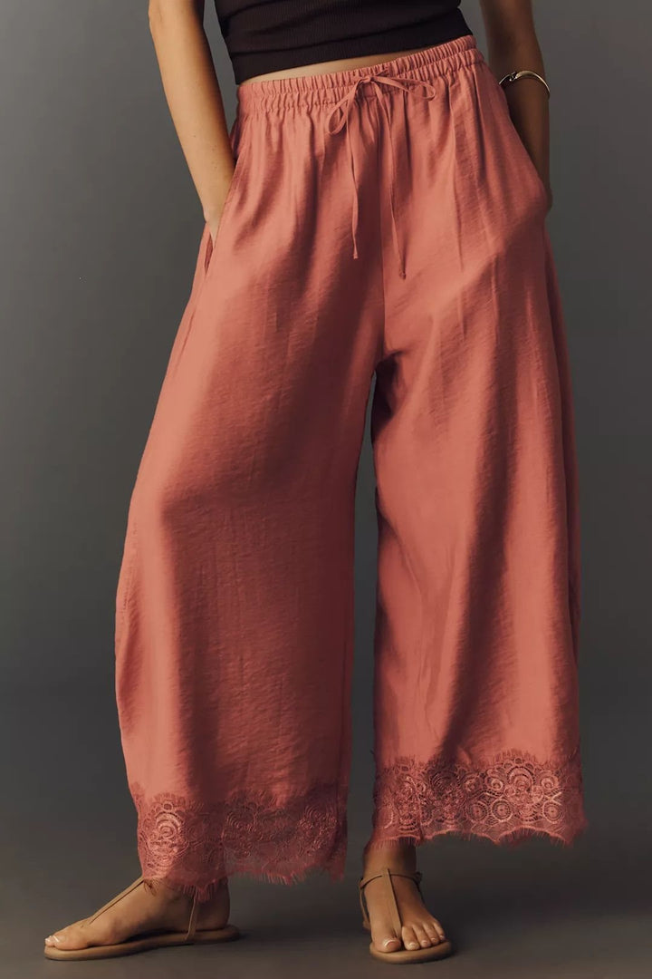 Women Wide Palazzo Pants with Elastic Drawstring Waistband and Lace Trim Mune Fashion