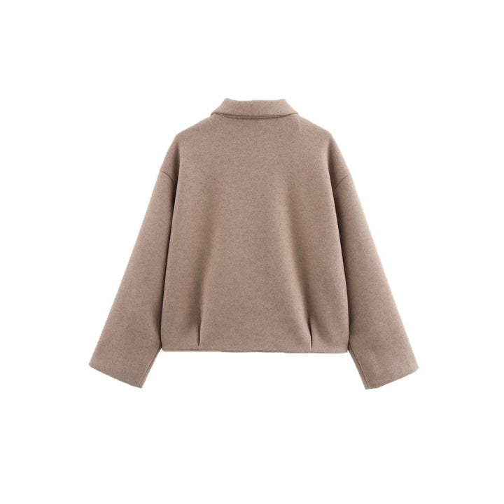 Women Short Cut Wool Blend Jacket with Zipper and Short Stand Collar Mune Fashion