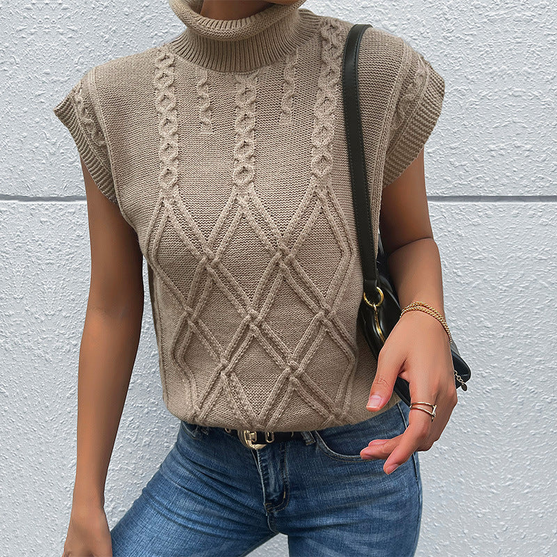 Women High-Quality Knit Top with Stand-Up Collar and Diamond Pattern Mune Fashion