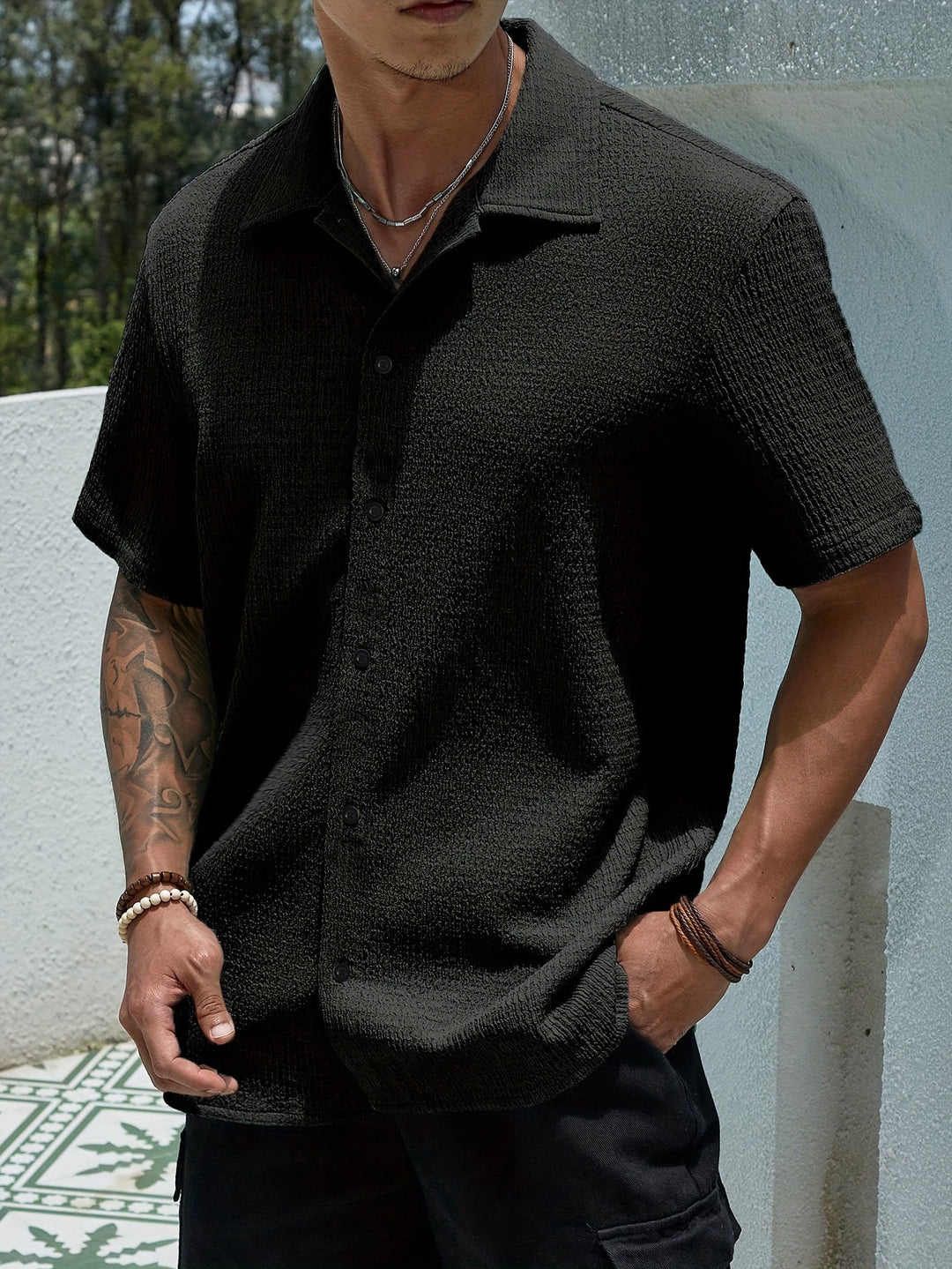 Men's casually cut shirt made of crinkled cotton blend with Kent collar Mune Fashion