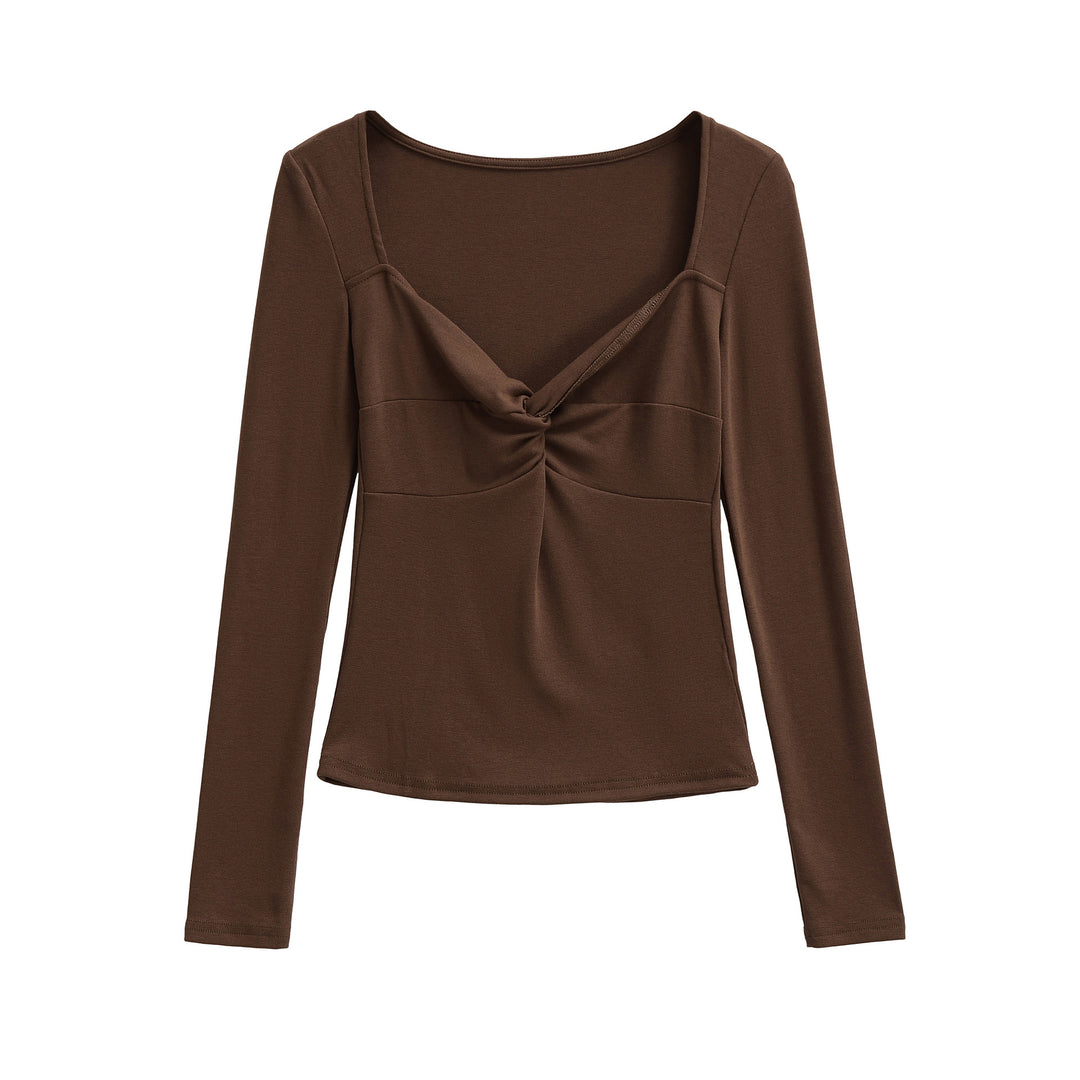 Women's Long Sleeve Shirt with Twist Knot Detail, Shaping Bust Part and Wide Neckline Mune Fashion