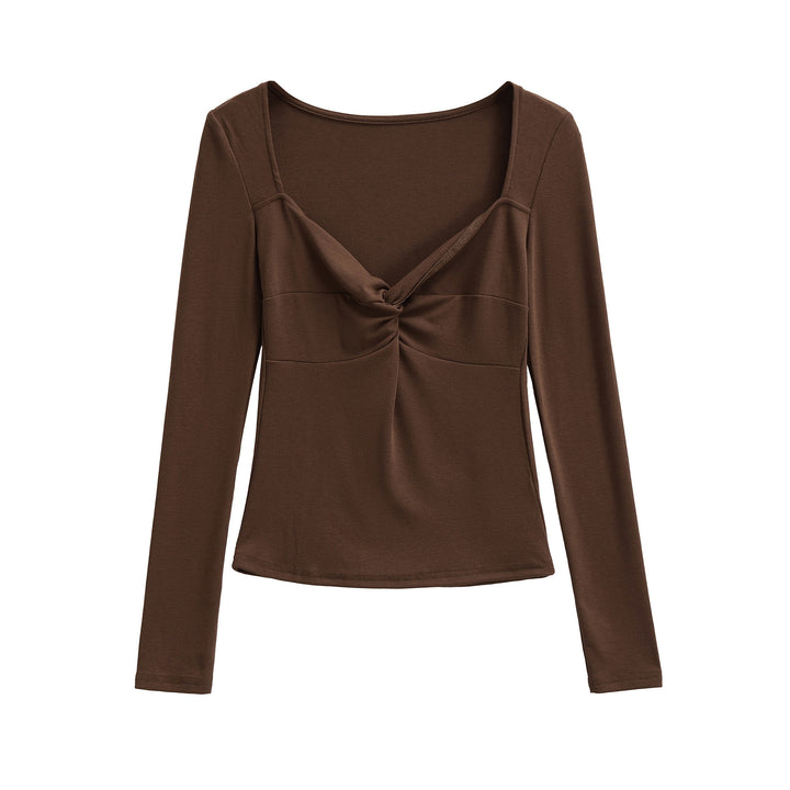 Women's Long Sleeve Shirt with Twist Knot Detail, Shaping Bust Part and Wide Neckline Mune Fashion