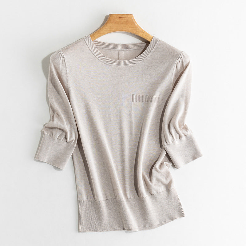 Women's fine knit top with 3/4 balloon sleeves, ribbed hem and chest piping Mune Fashion