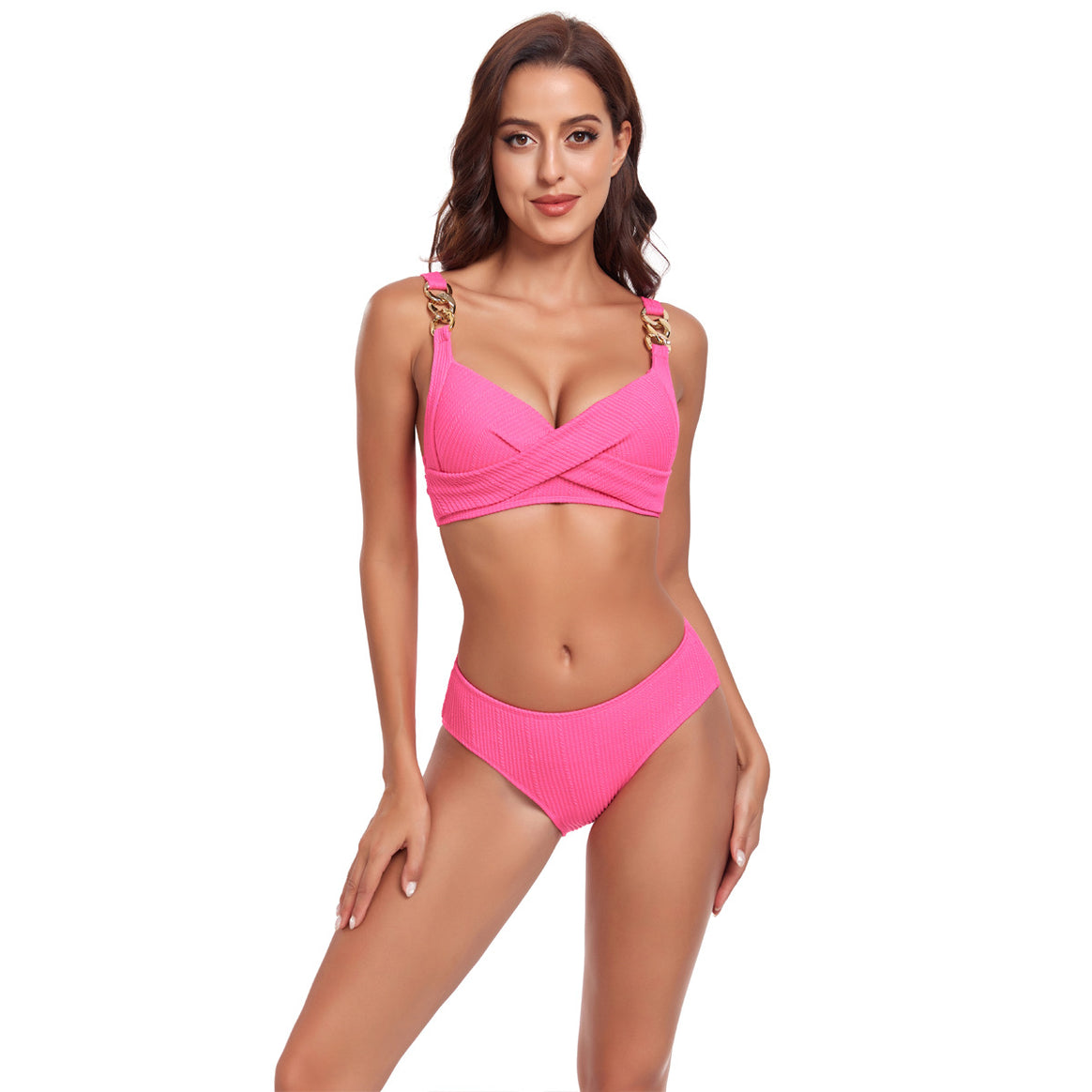 Women's Bikini Set with Crossed Top and Decorative Buckles Mune Fashion