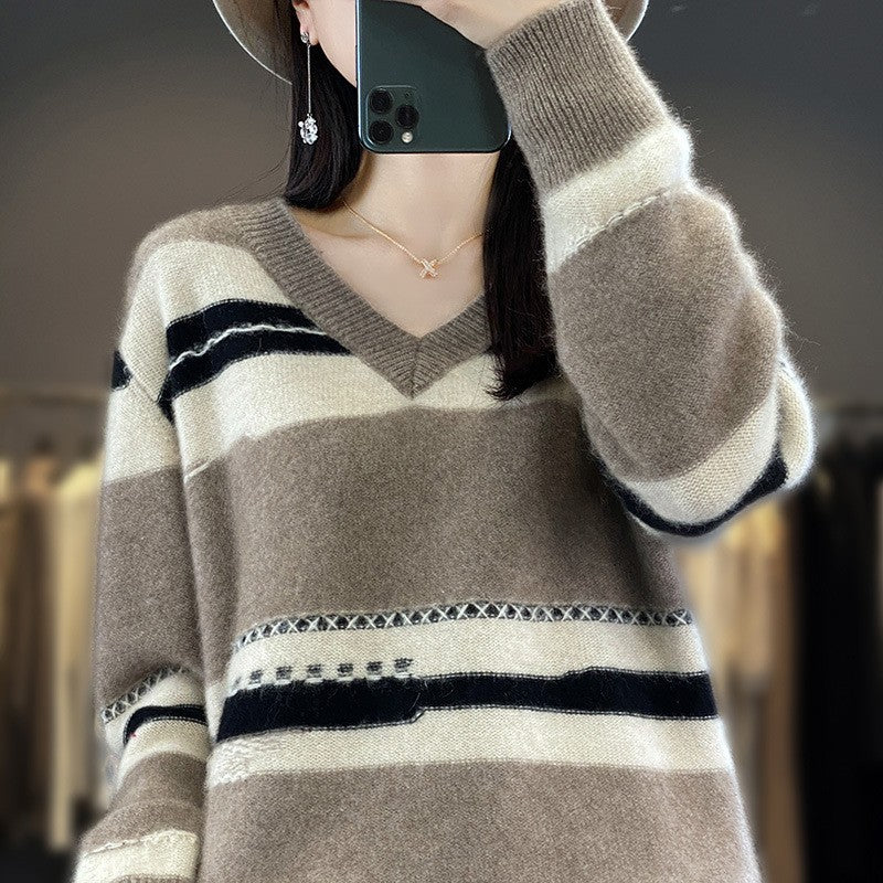 Women's Oversized Knit Sweater with V-Neck and Graphic Stripe Mix Mune Fashion