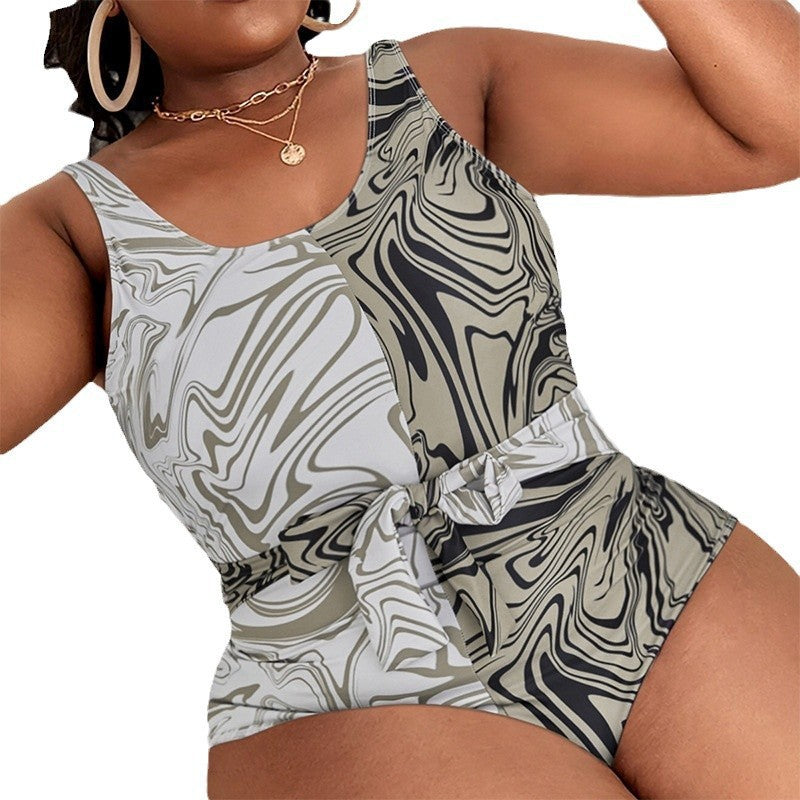Women One-piece Swimsuit with Modern Marble Pattern and Waist Belt Mune Fashion