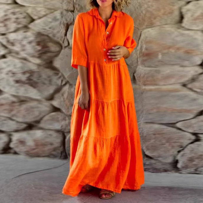 Women's summer linen blend tiered maxi dress with shirt collar, gathered waist and elbow-length sleeves Mune Fashion