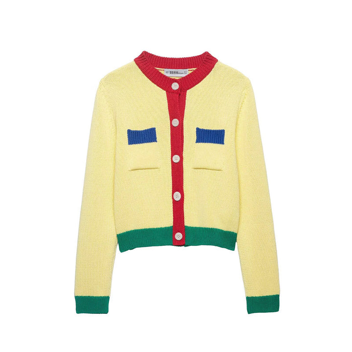 Women's Short Cardigan with Contrast Trim and Decorative Chest Pockets Mune Fashion