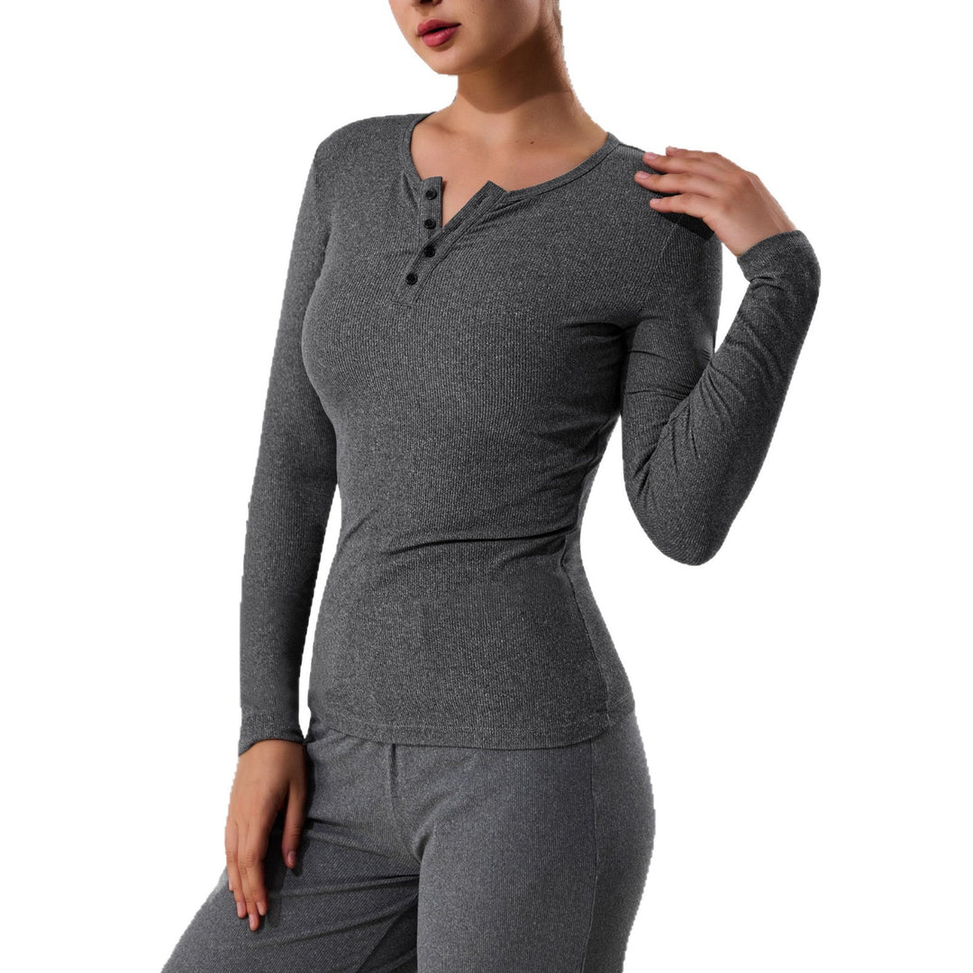 Women's Ribbed Henley Long Sleeve Shirt with Button Placket and Fitted Cut Mune Fashion