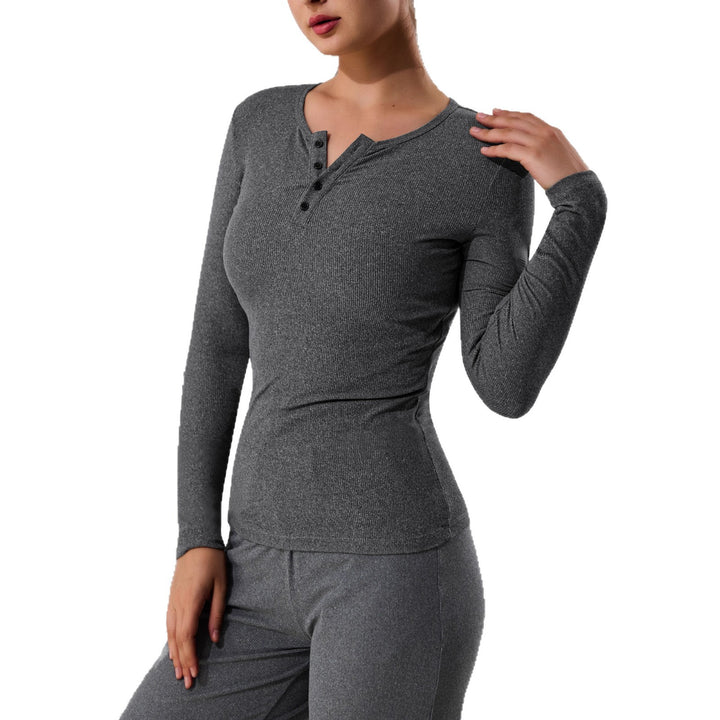 Women's Ribbed Henley Long Sleeve Shirt with Button Placket and Fitted Cut Mune Fashion