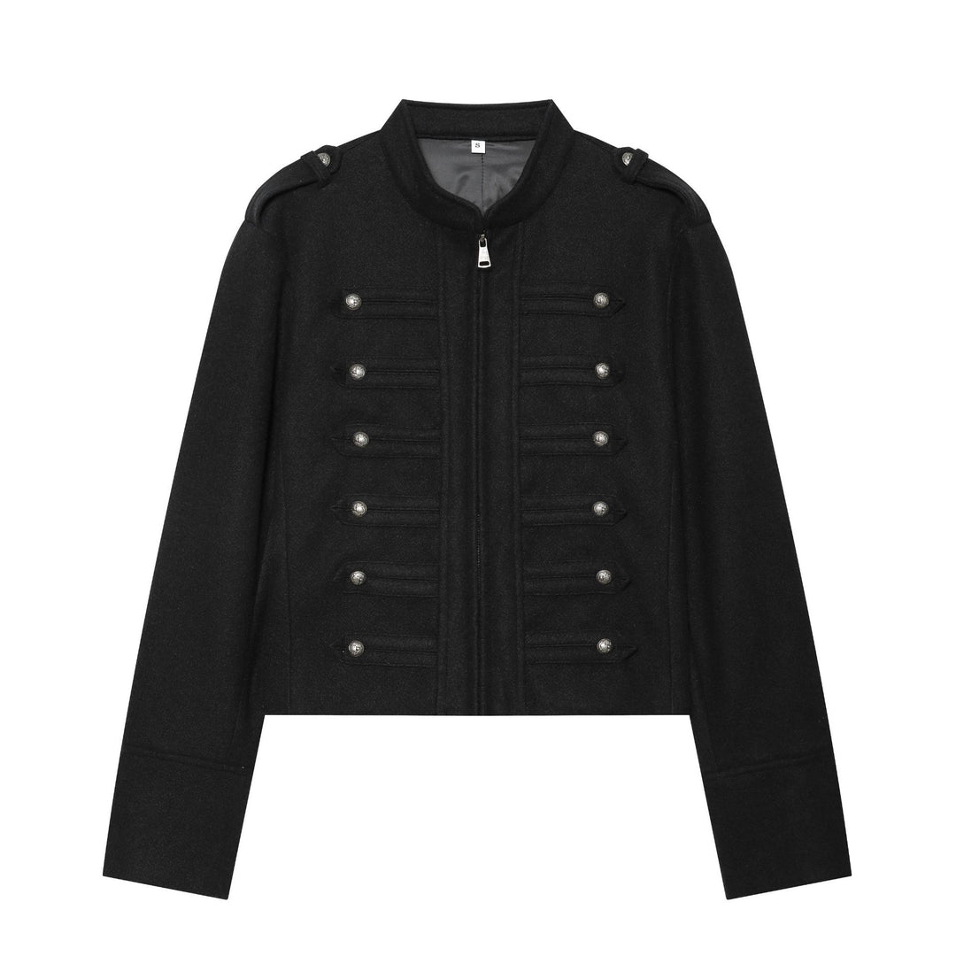 Women's military-inspired wool jacket with stand-up collar zipper and decorative button placket Mune Fashion