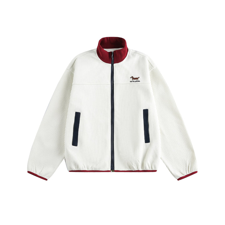 Women’s waffle structure zip jacket in boxy cut with stand-up collar and dog embroidery Mune Fashion