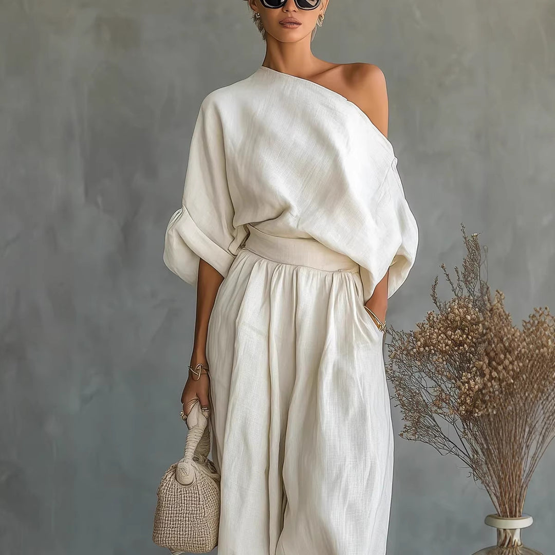 Women's Linen Set with One-Shoulder Top and Loose Harem Pants Mune Fashion